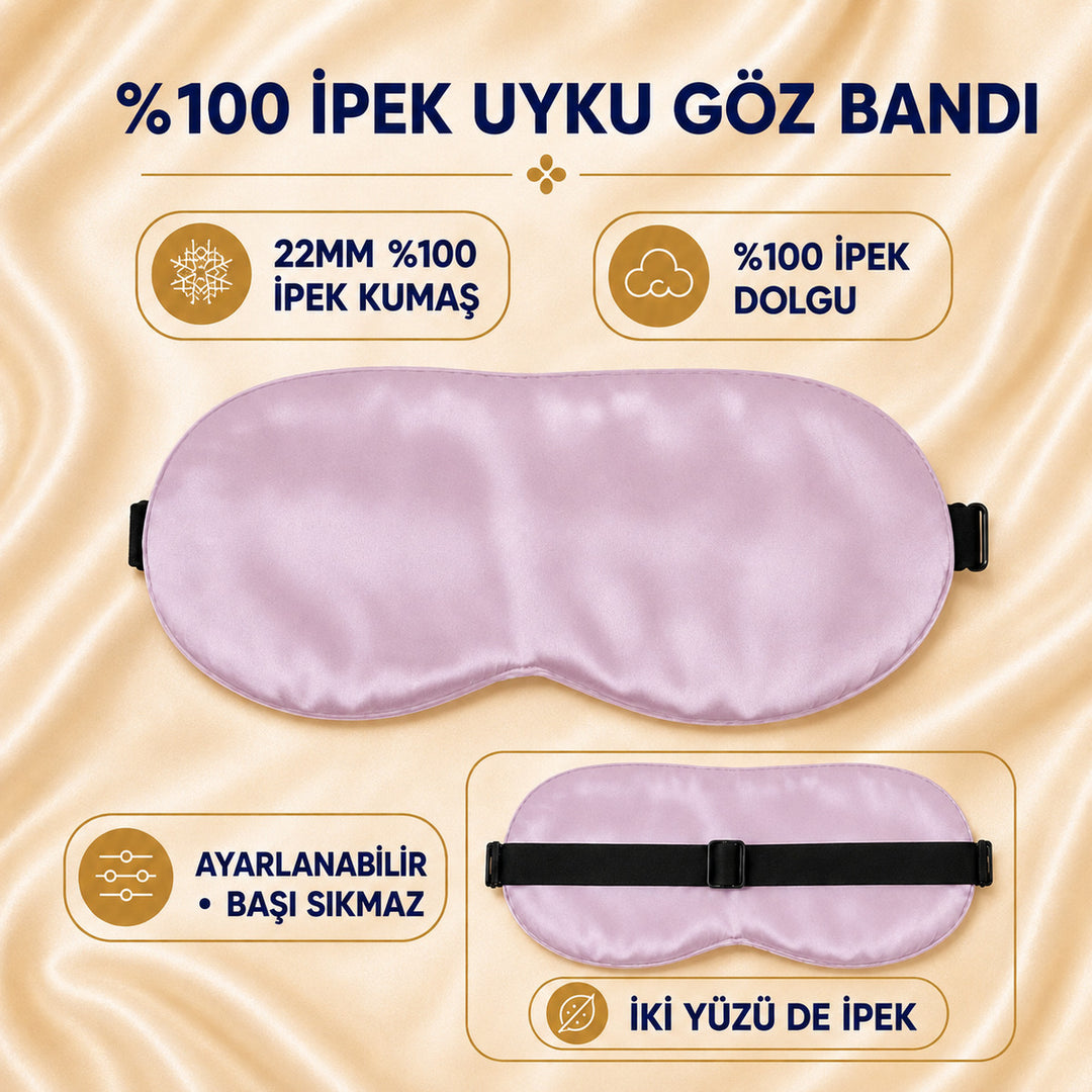 Pembe Ayarlanabilir Lastikli %100 İpek Uyku Göz Bandı – 22MM İpek Dolgulu