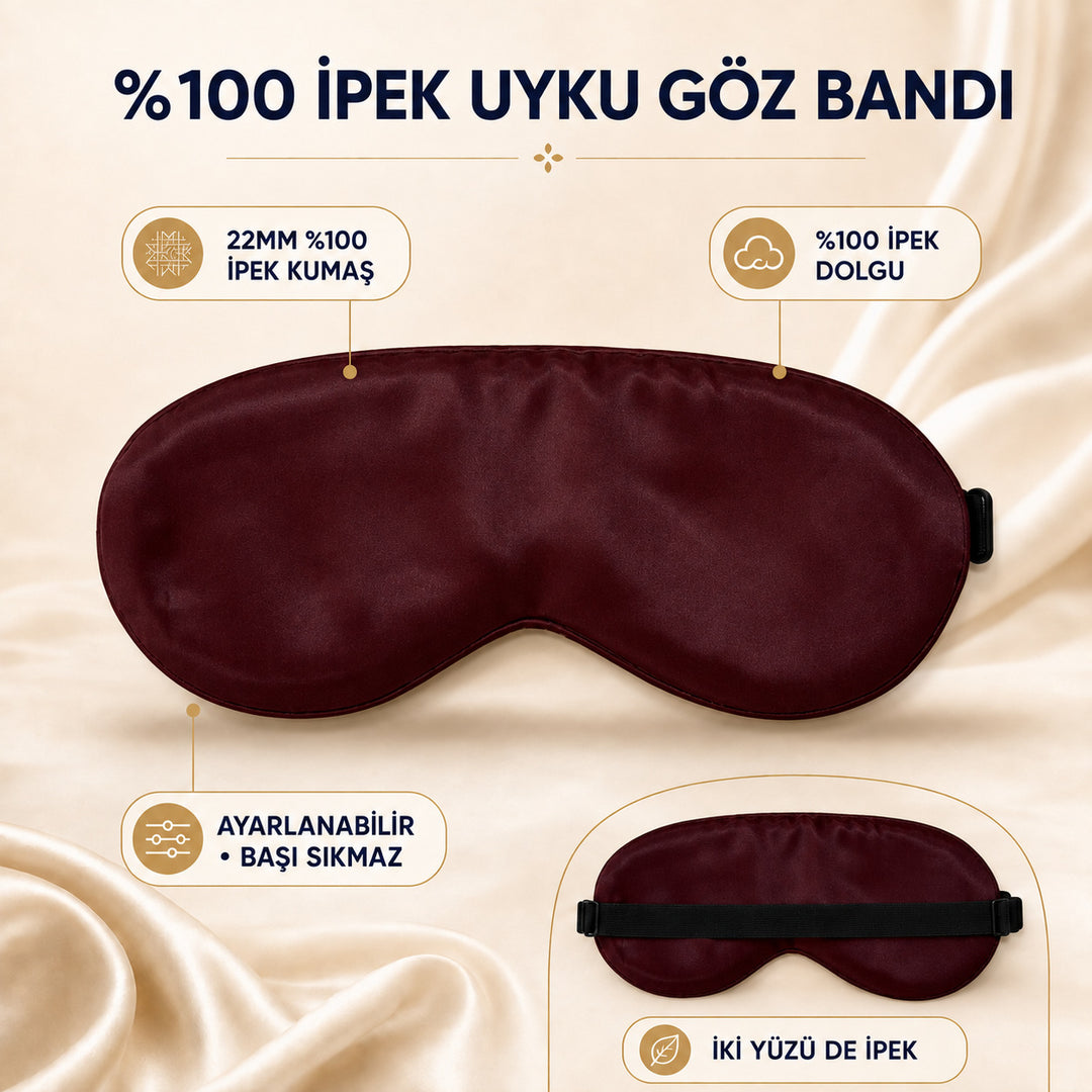 Bordo Kırmızı Ayarlanabilir Lastikli %100 İpek Uyku Göz Bandı – 22MM İpek Dolgulu