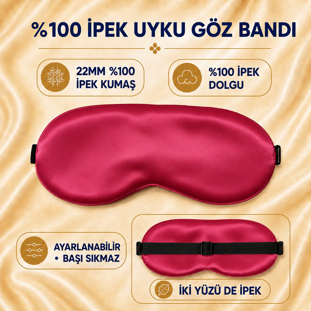 Kırmızı Ayarlanabilir Lastikli %100 İpek Uyku Göz Bandı – 22MM İpek Dolgulu