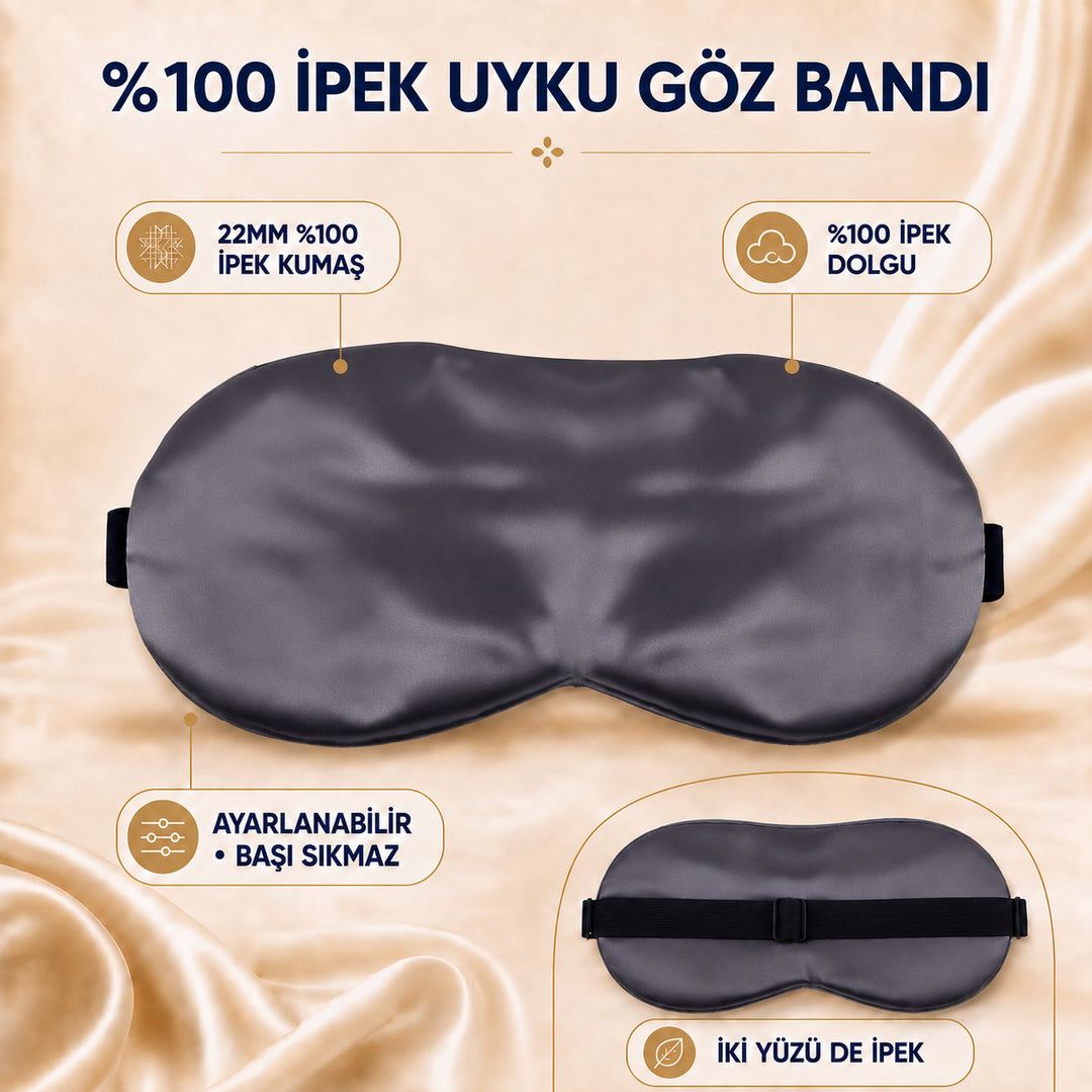 Füme Ayarlanabilir Lastikli %100 İpek Uyku Göz Bandı – 22MM İpek Dolgulu