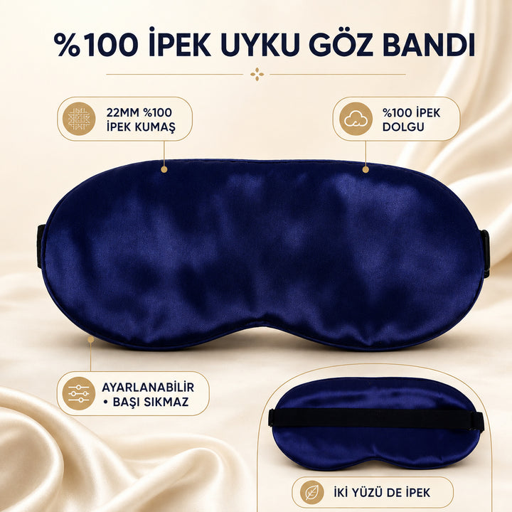 Lacivert Ayarlanabilir Lastikli %100 İpek Uyku Göz Bandı – 22MM İpek Dolgulu