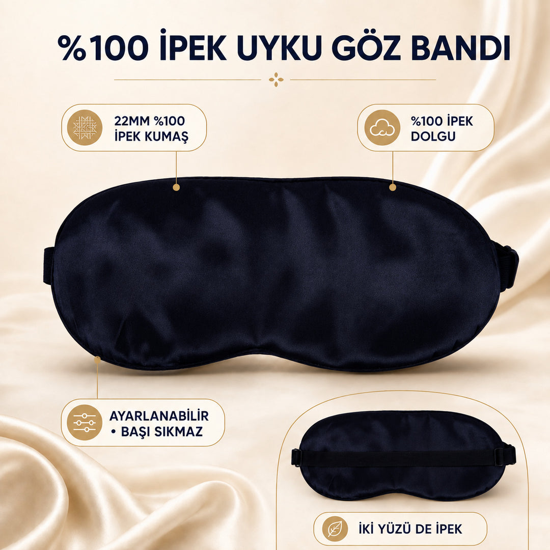 Siyah Ayarlanabilir Lastikli %100 İpek Uyku Göz Bandı – 22MM İpek Dolgulu
