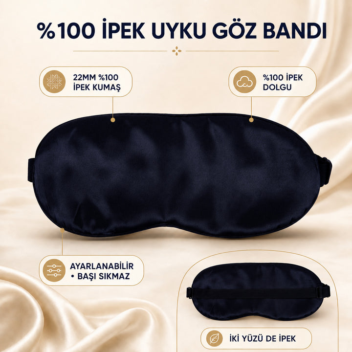 Siyah Ayarlanabilir Lastikli %100 İpek Uyku Göz Bandı – 22MM İpek Dolgulu