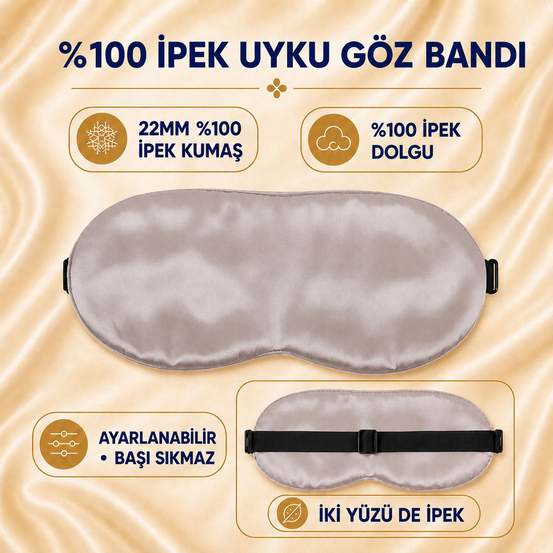 Bej Vizon Ayarlanabilir Lastikli %100 İpek Uyku Göz Bandı – 22MM İpek Dolgulu