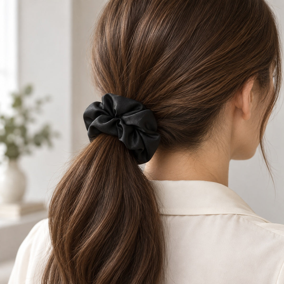 Saf İpek Siyah Toka Scrunchie Orta Boy
