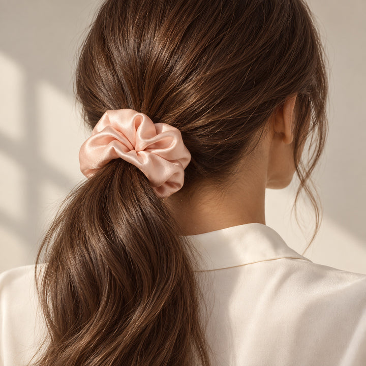 Saf İpek Toz Pembe Toka Scrunchie Orta Boy