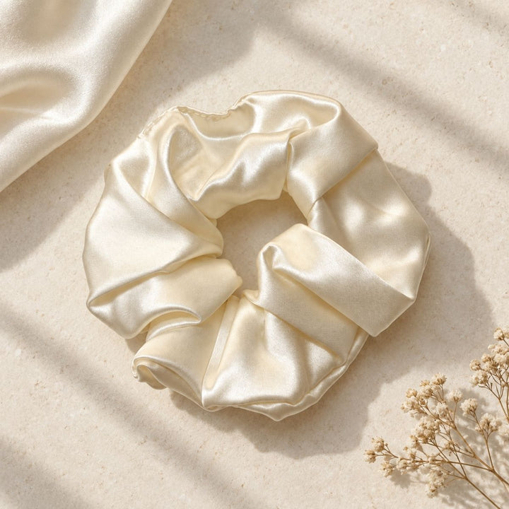 Saf İpek Beyaz Toka Scrunchie Orta Boy