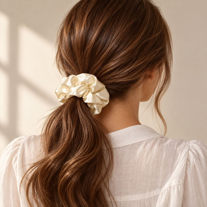 Saf İpek Beyaz Toka Scrunchie Orta Boy